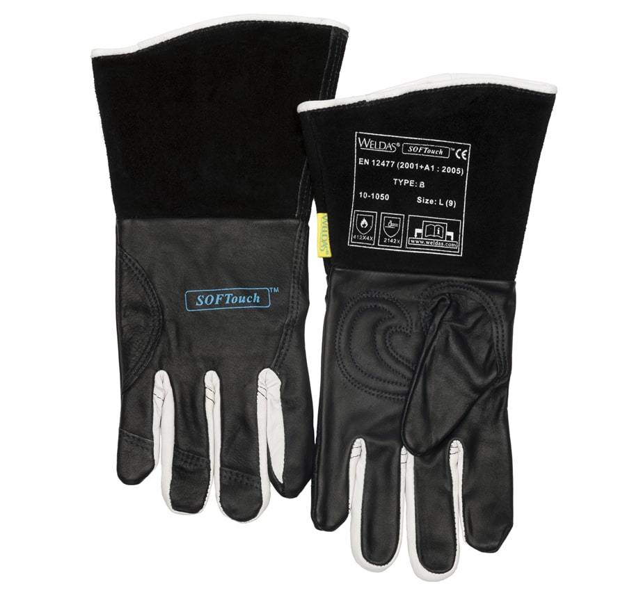 SOFTouch™ welding glove, high comfort and all welding applications glove, grain cow and goat leather, cuff made of split cow leather. Seamless index finger for better feed of TIG wires
