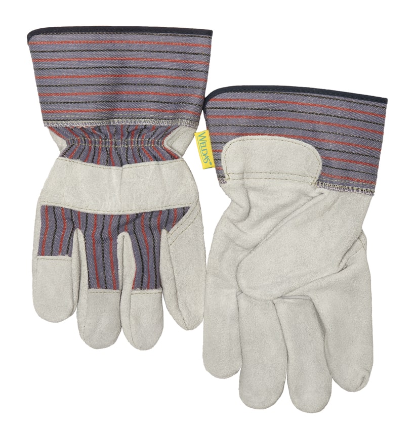 General purpose work glove with knuckle strap made of split cow leather, lining in the palm and with 7,5 cm safety cuff