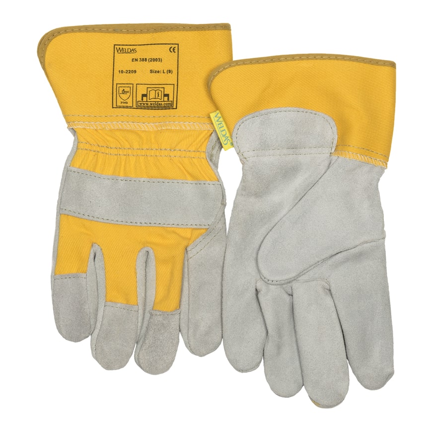Safety coloured work glove with knuckle strap made of split cow leather, lining in the palm and with 7,5 cm safety cuff