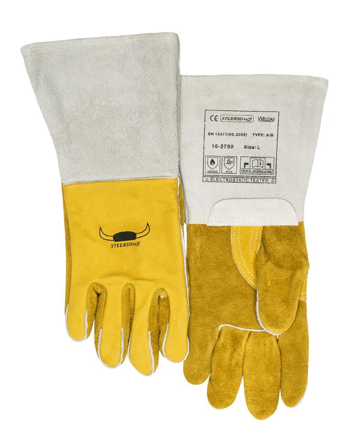 STEERSOtuff® welding glove with reinforced hand of split and grain cowleather, a cuff of split cowhide and back with COMFOflex® lining