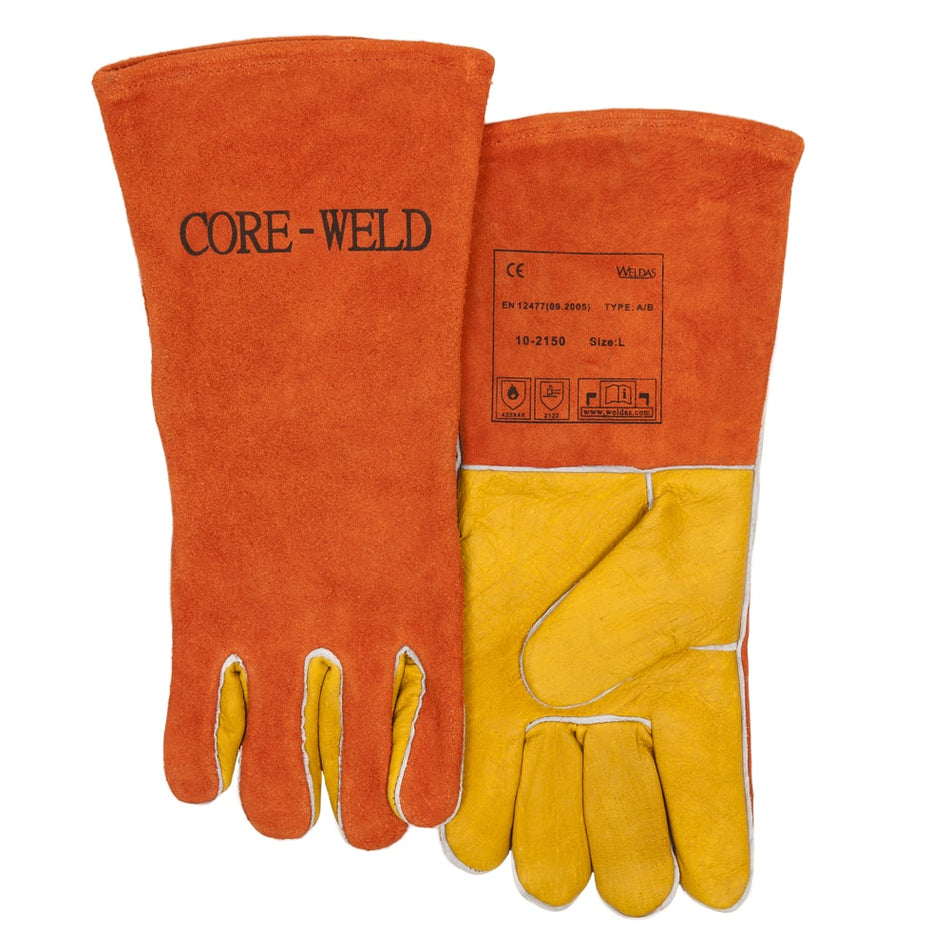 Welding glove with handpalm grain cowhide for oil- and weather resistancy, all other parts split-shoulder-cowleather
