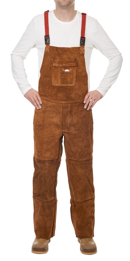 Lava Brown™ split cowleather welding pants with breast protection and closed back, bib and brace
