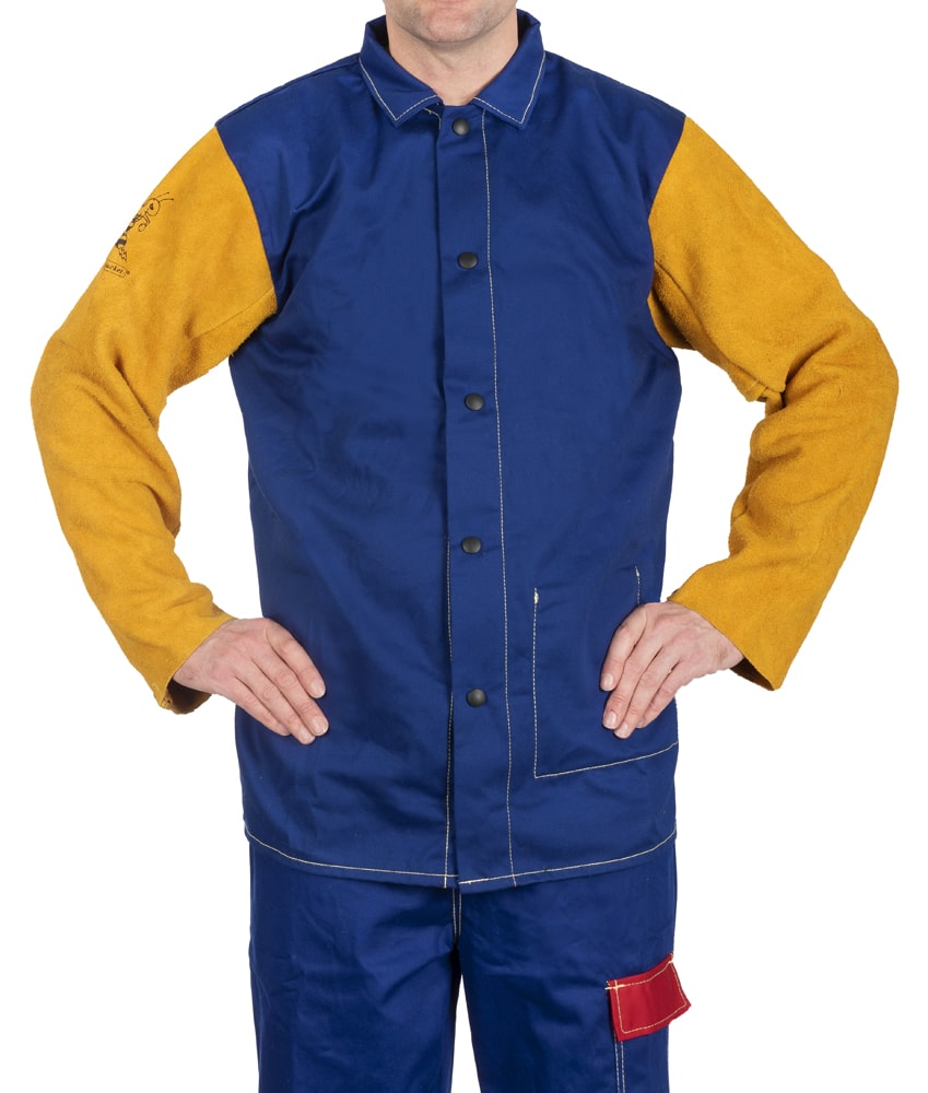 Yellowjacket® blue flame retardant welding jacket with cotton body and yellow split cowleather leather sleeves